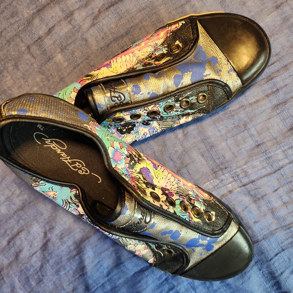 Ed Hardy, slip on, tennies. Black and silver flowers and skull, size 6